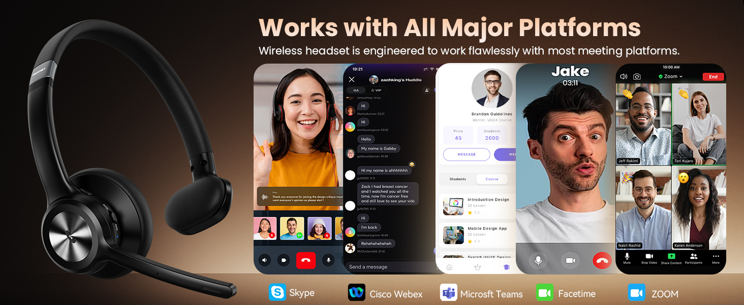Text reads 'Works with All Major Platforms'. Marketing banner showing headphones product with multiple app interface screenshots and platform compatibility icons.
