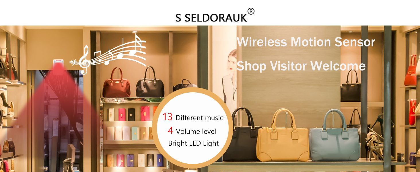 Wireless Motion Sensor. Shop Visitor Welcome. 13 Different music4 Volume levelBright LED Light.