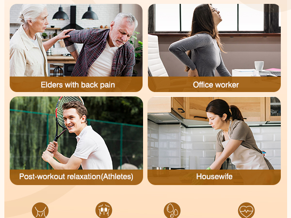 Four-panel image showcasing people experiencing back pain: elderly, office worker, athlete, and housewife. Text labels for each scenario.