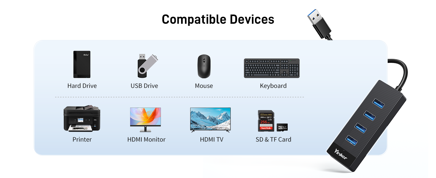 4 Port USB 3.0 Hub 10FT Long Cable