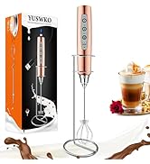 YUSWKO Rose Gold Handheld Milk Frother Wand with Stand for Coffee, Rechargeable Electric Whisk wi...