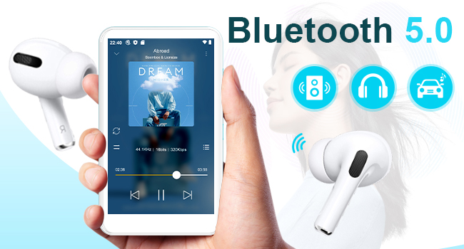 Text reads 'Bluetooth 5.0'. Series of interface screenshots and icons showing wireless connectivity features, including headphones and car integration symbols.