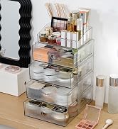 GOXITAX 5-Tiers Makeup Organizer with Drawer for Vanity, Stackable Bathroom Storage Box for Beaut...