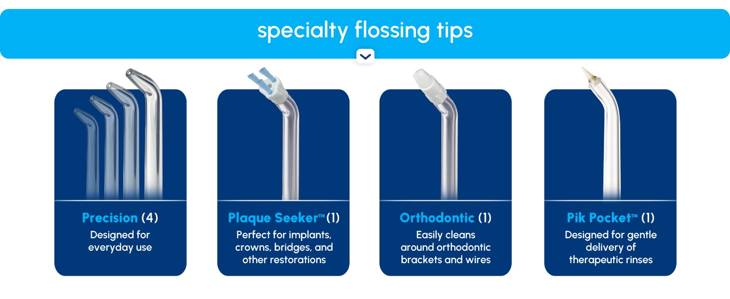 Image of Waterpik tips with text reading specialty flossing tips.