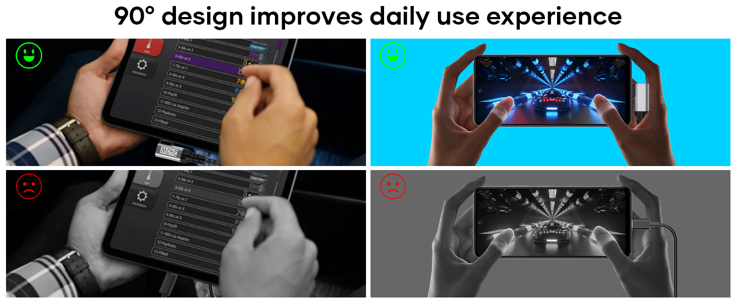 Text reads '90° design improves daily use experience'. Multiple panels showing handheld gaming device usage with ergonomic 90-degree grip design in black.