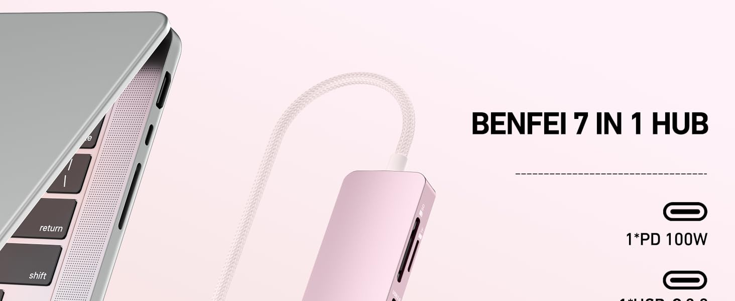 Text reads 'BENFEI 7 IN 1 HUB'. Rose gold USB hub adapter shown connected to laptop, with technical specifications visible.
