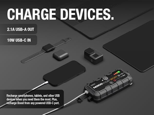 Charge devices. 2.1A USB in and out charging for any mobile devices.