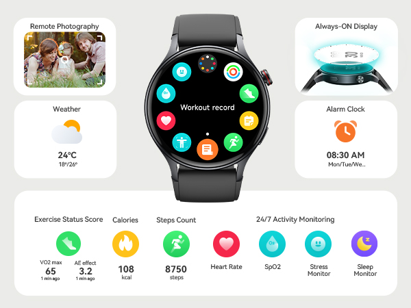 Smartwatch with round display showing fitness apps interface. Features include weather, workout tracking, heart rate monitoring, and sleep tracking.