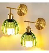 Vintage Wall Sconces Set of 2 with Green Tulip Glass Lampshade, Hardwired and Wireless Wall Mount...