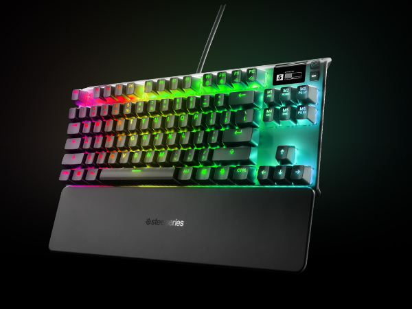 -SteelSeries RGB keyboard and wrist rest floating in space