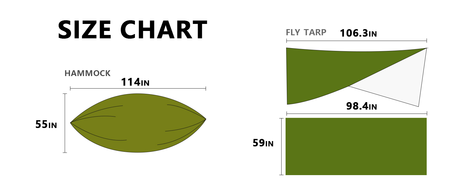 Text reads 'SIZE CHART'. Green leaf-shaped diagram with measurements showing different size specifications in centimeters.
