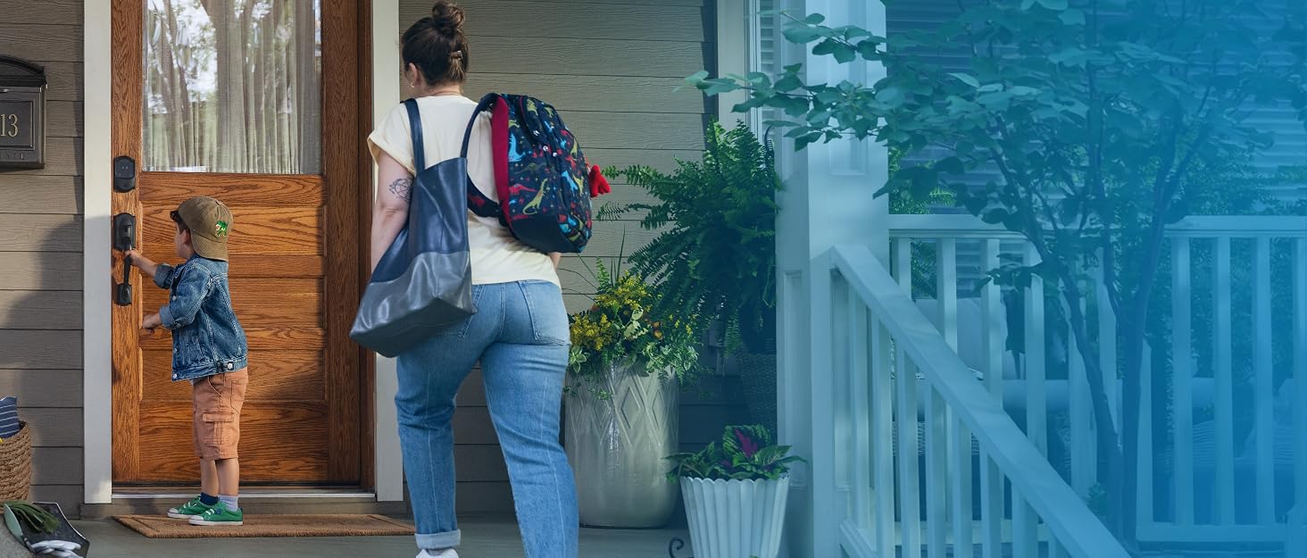 Mother and Son accessing front door with Schlage Encode Plus Smart Wifi Deadbolt Lock