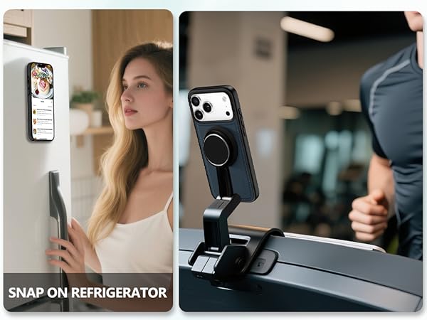 Text reads 'SNAP ON REFRIGERATOR'. Series of images showing smartphone interaction with modern refrigerator, demonstrating smart home functionality.