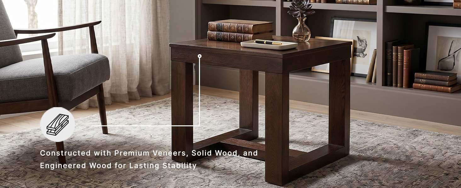 Close up of square end table showing rich oil-rubbed distressing on ash veneers