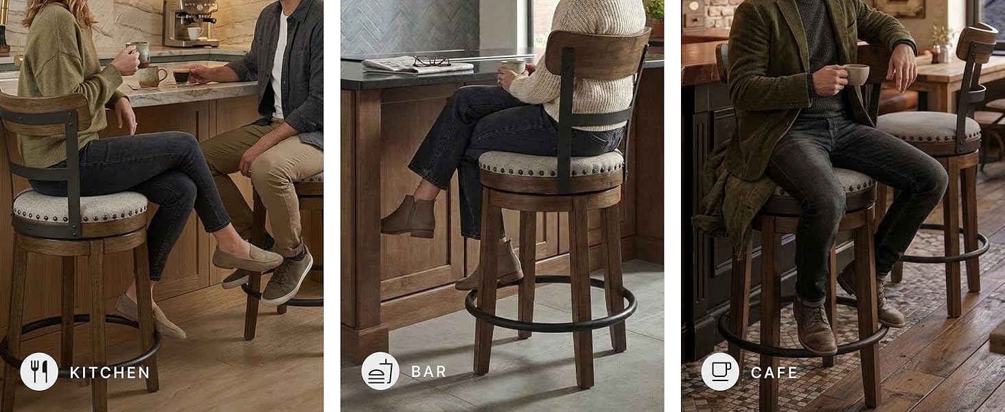Dining room swiveling barstool showing splayed legs and wood frame construction in brown