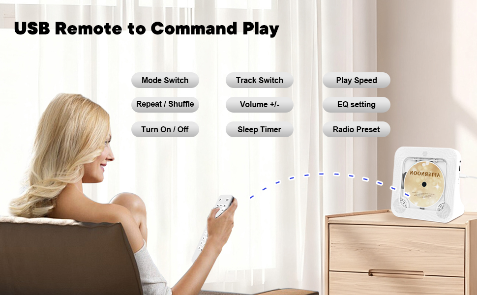 Text reads 'USB Remote to Command Play' with control button labels. Woman pointing remote at device on wooden nightstand in bedroom setting.