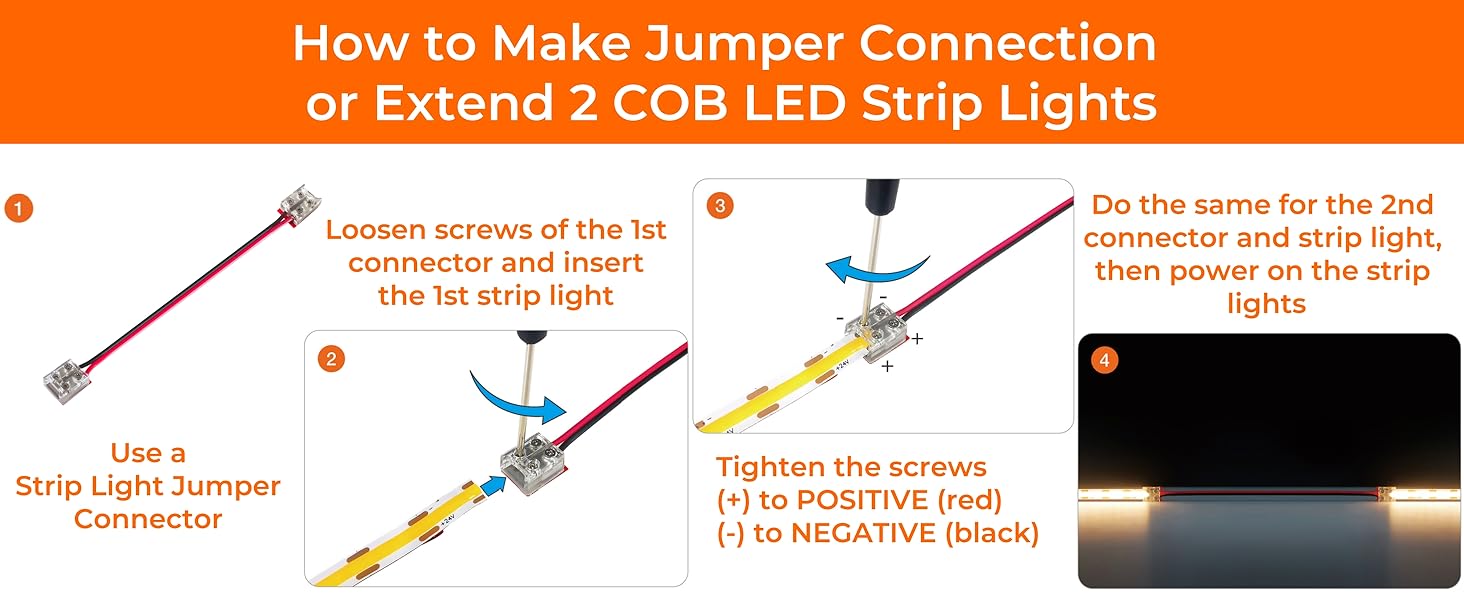 Extend 2pcs 8mm COB LED strip lights by using 2-pin jumper connector with step-by-step wiring guide