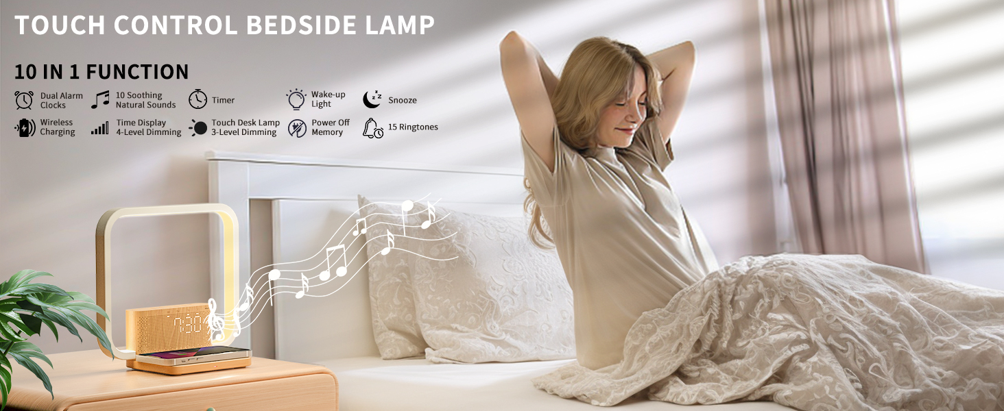 Touch control bedside lamp with 10-in-1 function. Woman stretching in bed next to lamp on nightstand with plant.