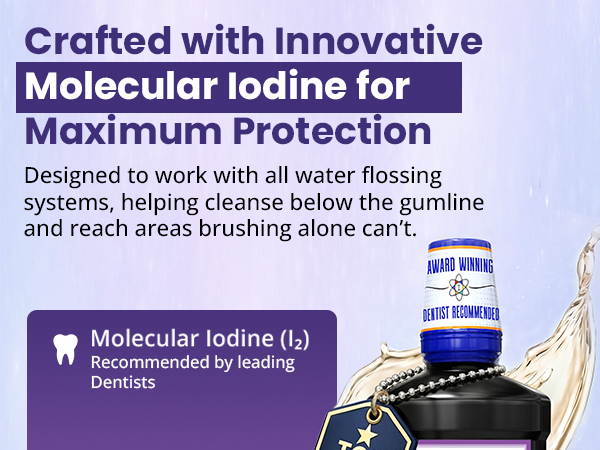 Molecular iodine oral irrigant concentrate for use with water flossing devices