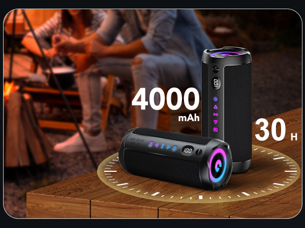 Text reads '4000 mAh' and '30 H'. Cylindrical device with purple illuminated ring shown on wooden surface in dark ambient lighting.