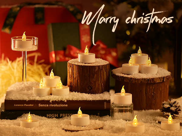Christmas scene with multiple lit candles on wooden slices and artificial snow. 'Merry christmas' text overlay.