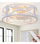 Passky 20" Farmhouse Flush Mount Ceiling Fans with Lights and Remote, Industrial White Caged Low ...