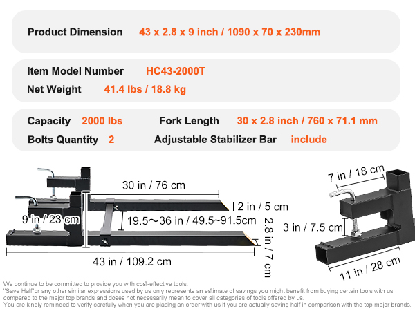 43&amp;#34; Total Length Heavy Duty Pallet Forks with Adjustable Stabilizer bar