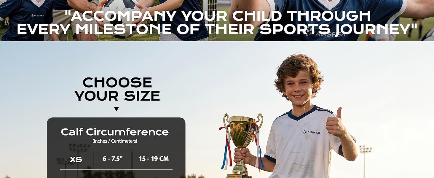 Text reads "ACCOMPANY YOUR CHILD THROUGH EVERY MILESTONE OF THEIR SPORTS JOURNEY", "CHOOSE YOUR SIZE", "Calf Circumference", "XXS", "S-M", "M-XL", "XL-XXL". Child in sports uniform holding trophy, with sizing chart displayed for selection.