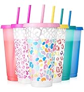 Meoky Plastic Cups with Lids and Straws - 6 Pack 24 oz Color Changing Cups, Iced Coffee Cups, Reu...