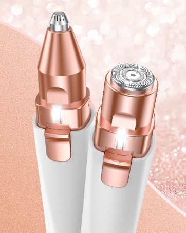 Two white handheld grooming devices with rose gold accents. One has a conical trimmer head, the other a circular shaver head. Both feature ergonomic designs and power buttons.