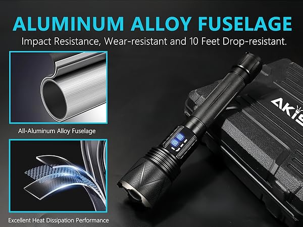 Aluminum Alloy Flashlight Impact Resistance, Wear Resistant and 10 Feet Drop Resistant.