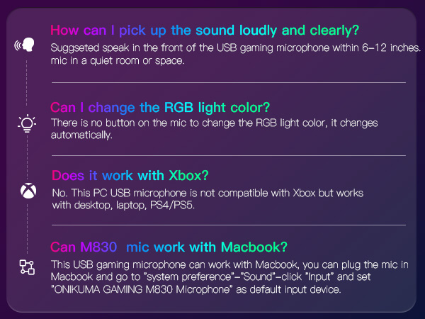 Purple interface showing chat messages about RGB light functionality. Questions about sound levels, RGB light color changes, and compatibility with Xbox and MacBook.