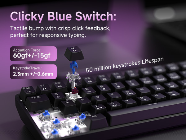 Text reads 'Clicky Blue Switch: Tactile bump with crisp click feedback, perfect for responsive typing.' Close-up view of mechanical keyboard switch mechanism with blue components.