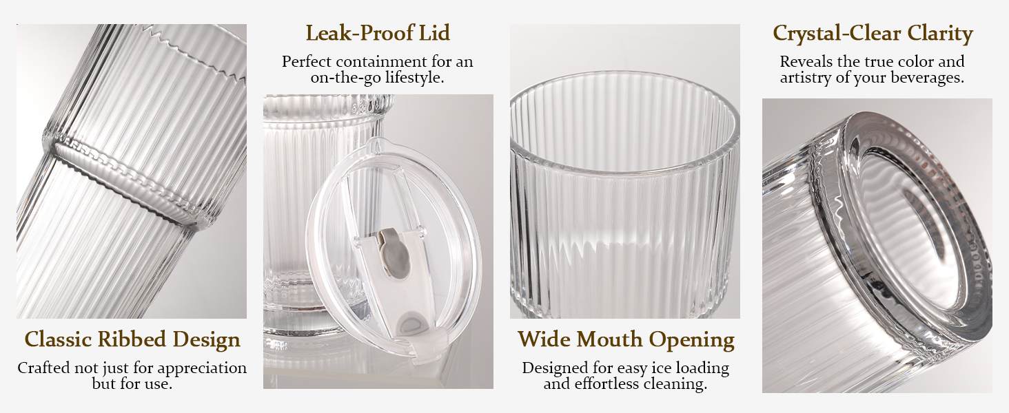 glass cups with lids and straws
