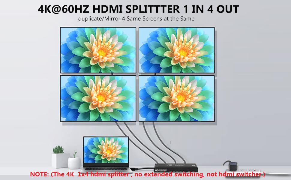 4 Port Powered Hdmi Splitter for offices, conference room presentations,hotels, HDTV retail