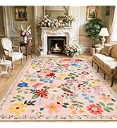8x10 Area Rugs for Living Room: Floral Washable Rug Vintage Large Soft Boho Non-Slip Carpet Indoo...