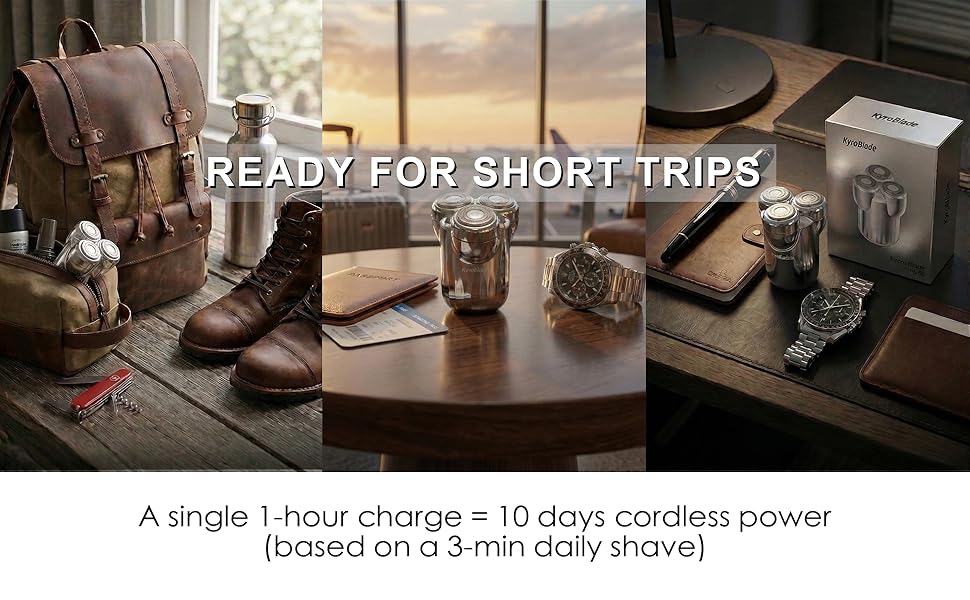 1 hour fast charging cordless travel shaver providing 10 days of power for short business trips