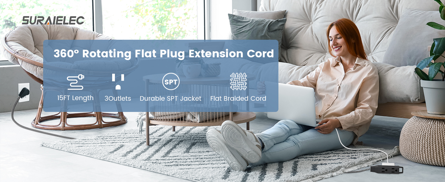 360° Rotating Flat Plug Extension Cord Banner 15ft