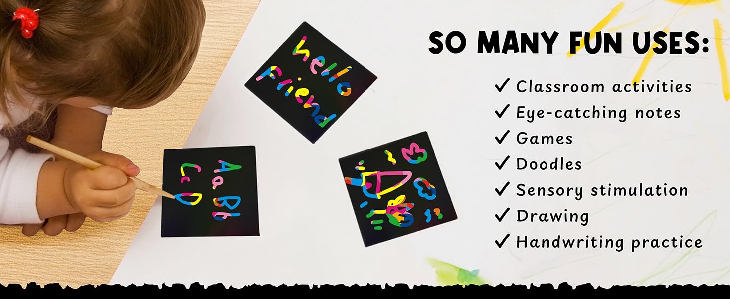 Young girl scratching vivid patterns on thick note cards, inspiring sensory fun for all ages.