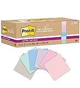 Post-it 100% Recycled Paper Super Sticky Notes, 2X The Sticking Power, 3x3 in, 12 Pads/Pack