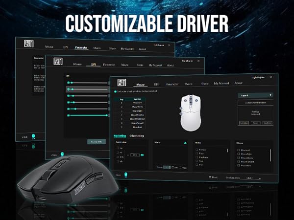 Gaming mouse with customization software interface showing various adjustment options and configuration settings on dark background.