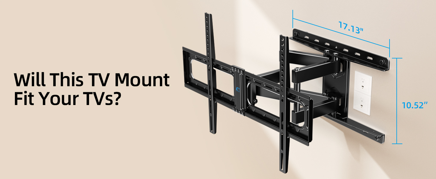 Adjustable TV wall mount bracket with extended arm. Product dimensions shown: 17.13 inches wide and 10.52 inches tall when folded.