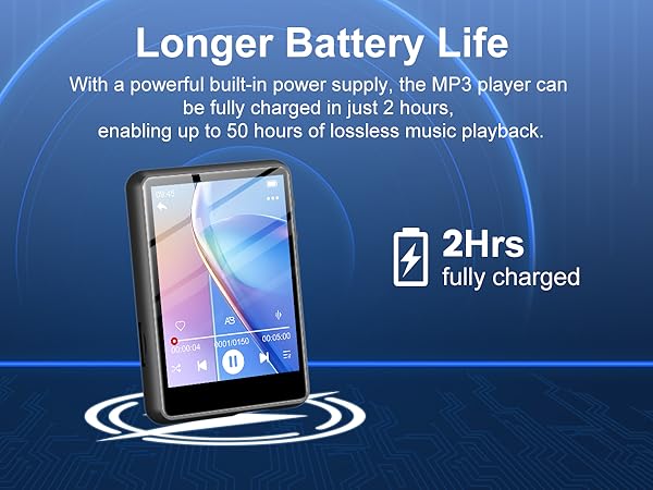 MP3 player with touchscreen display, featuring 50-hour battery life, 2-hour full charge time, and lossless music playback capability. Device shown on blue background with battery icon.