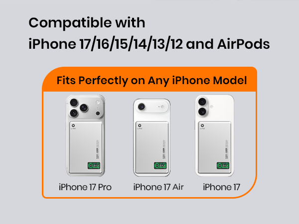 Magnetic power bank compatibility chart for iPhone 17 16 15 14 13 12 Pro Max Plus Mini and AirPods