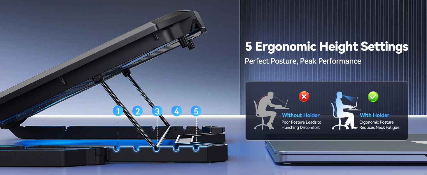 Text reads "5 Ergonomic Height Settings" with desk lamp on black surface and digital control panel display visible on right side.
