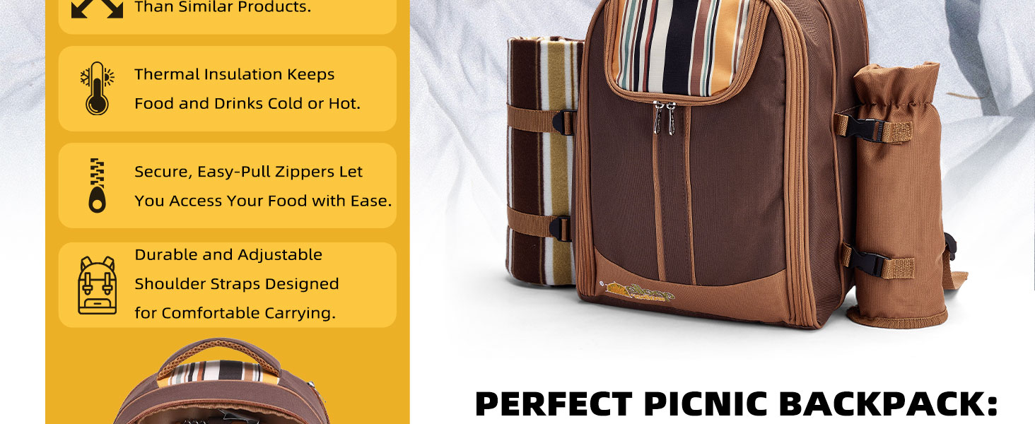 Picnic Backpack Bag Cooler Compartment Detachable Bottle Wine Holder Fleece Blanket Plates Cutlery