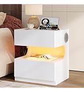 Modern Nightstand with Bluetooth Speaker, Bedside Table with LED and Charging Station, 2 Drawers ...