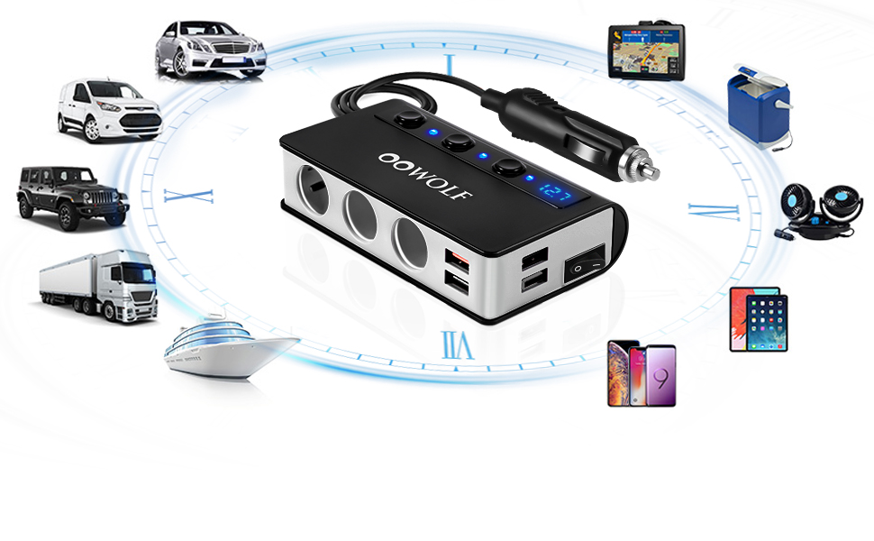 Multi-port car charger adapter with USB ports and cigarette lighter sockets, shown in center with connected device icons arranged in circular pattern.
