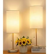 JUNNAI Small Table Lamp, Bedroom Lamps Set of 2, 3 Way Dimmable Bedside Lamps with Marble Base &amp; ...
