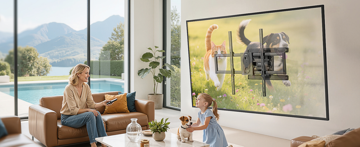 Modern living room setting with wall-mounted TV and entertainment system against floor-to-ceiling windows overlooking a pool and mountain landscape.